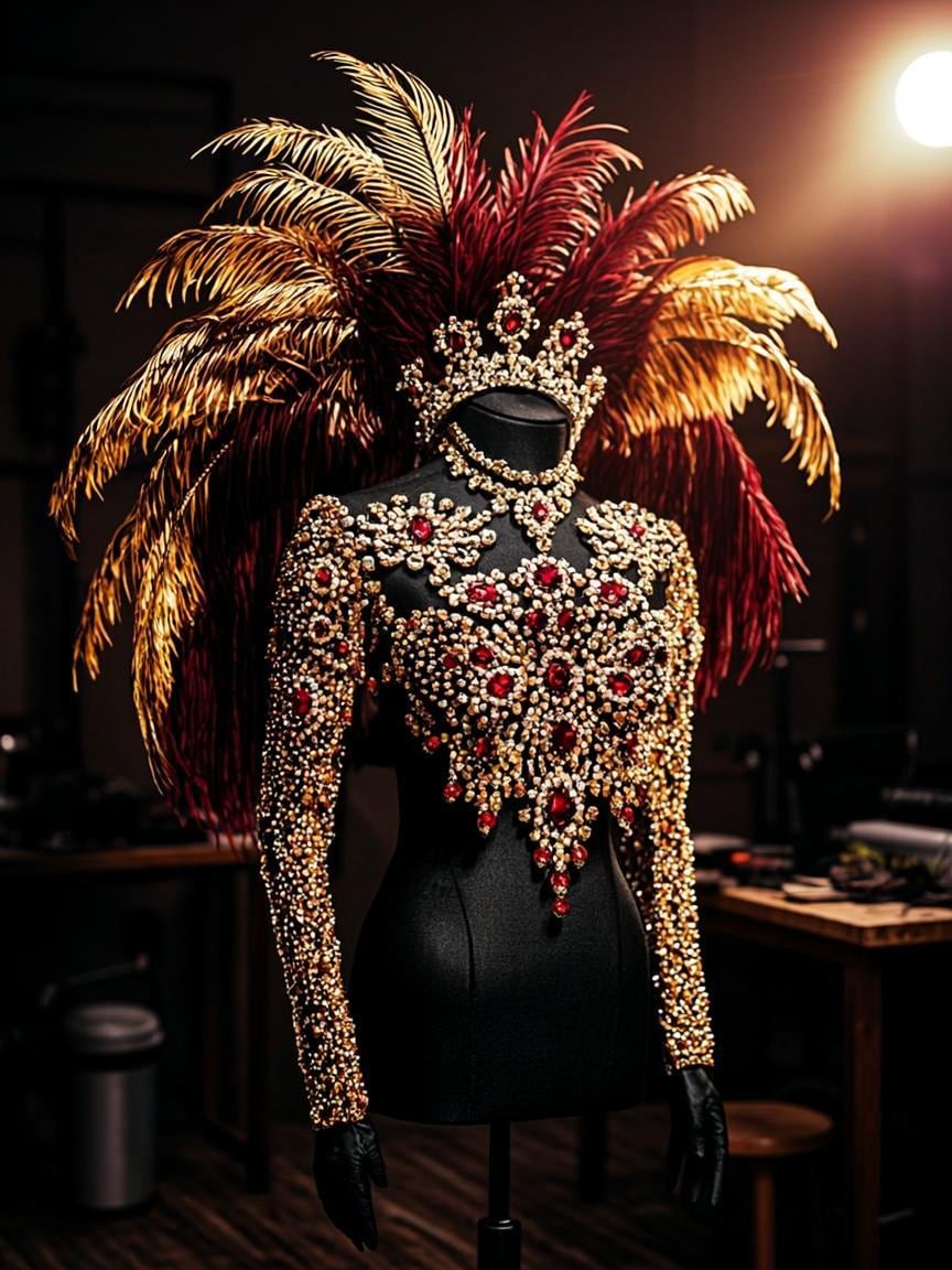 Hand-built feather carnival backpiece on a dress form